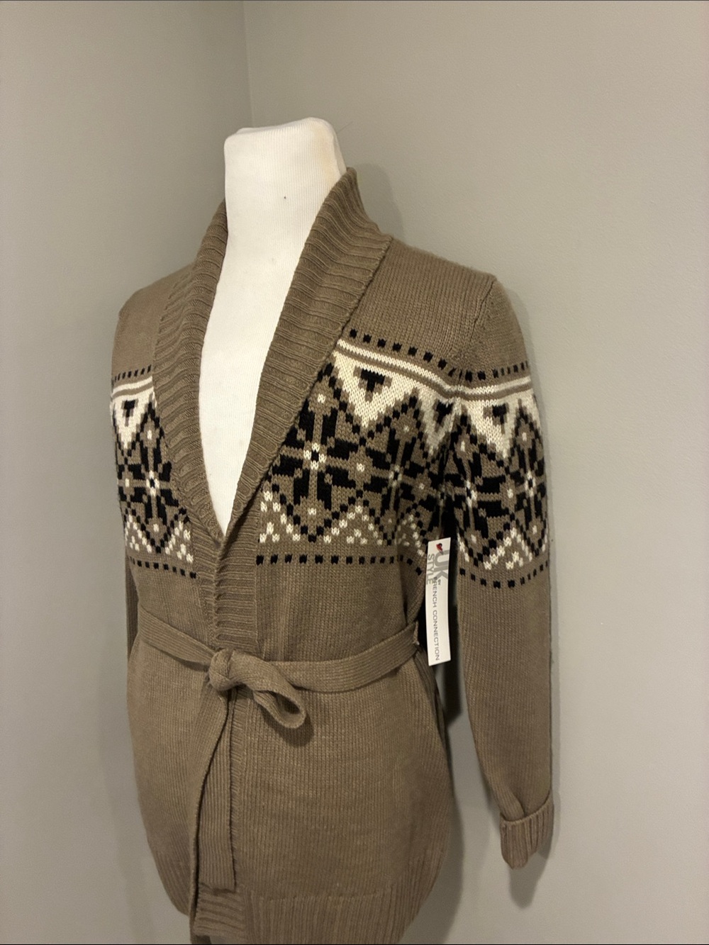 French Connection Tan Fair Isle Belted Cardigan Sweater - Picture 5 of 8